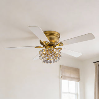 Vaczon 48" Soft Brass Crystal Ornament Flush Mount Ceiling Fan with Light and Remote Control